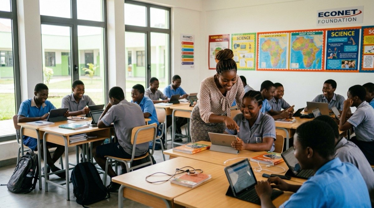 African children in classroom with tablets